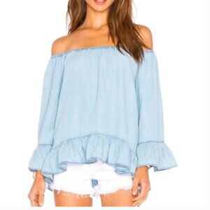 Light Blue Blouse Top Boho Peasant Festival Ruffle Off Shoulder Size Small